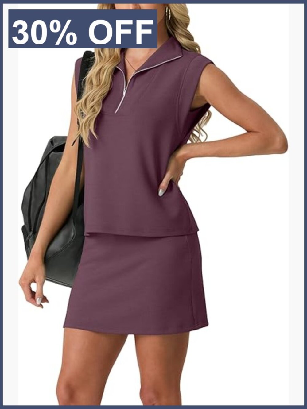 2 Piece Skort Set: Cap Sleeve Zip Collared Top & Tennis Skirt with Pockets